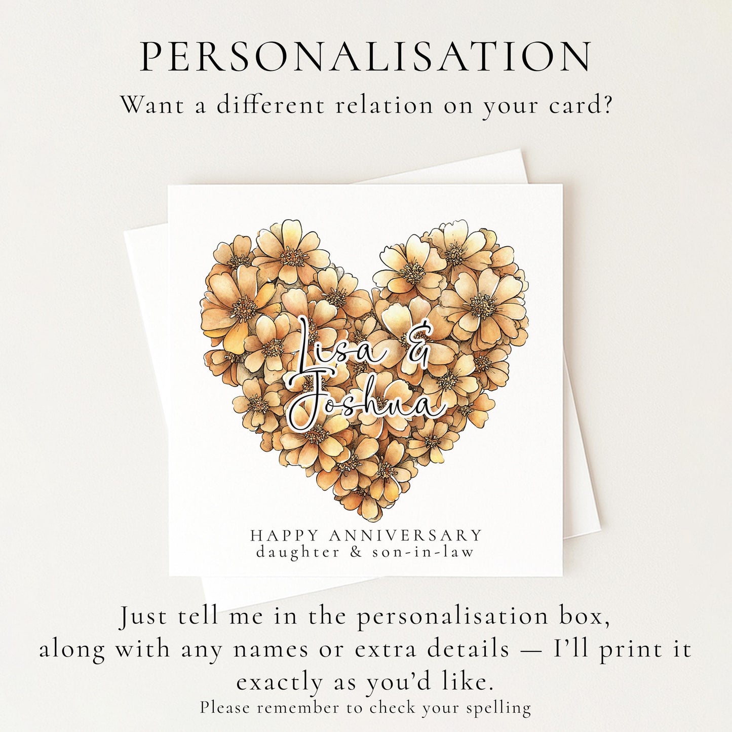 A delicate floral heart anniversary card for daughter & son-in-law, personalised, printed on 300gsm card