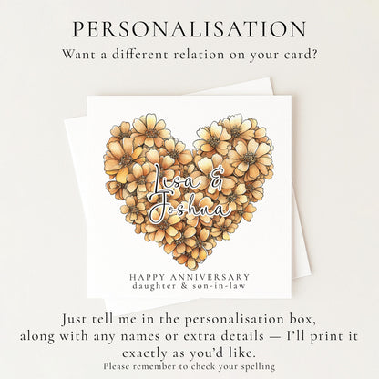 A delicate floral heart anniversary card for daughter & son-in-law, personalised, printed on 300gsm card