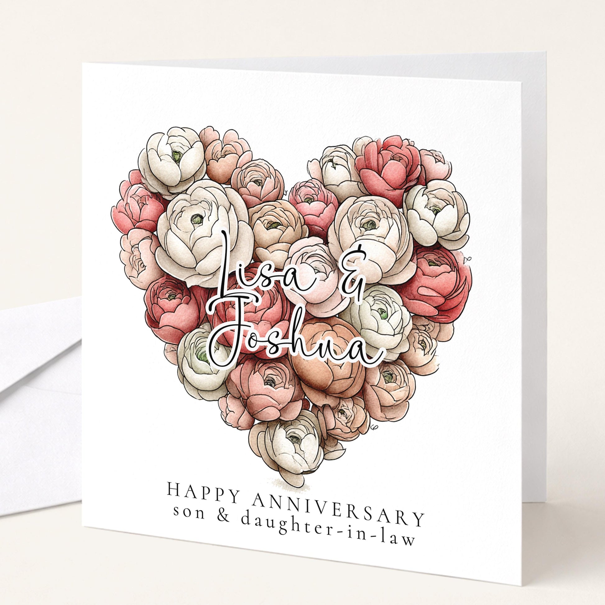 A romantic floral heart anniversary card for son & daughter-in-law, personalised, printed on 300gsm card