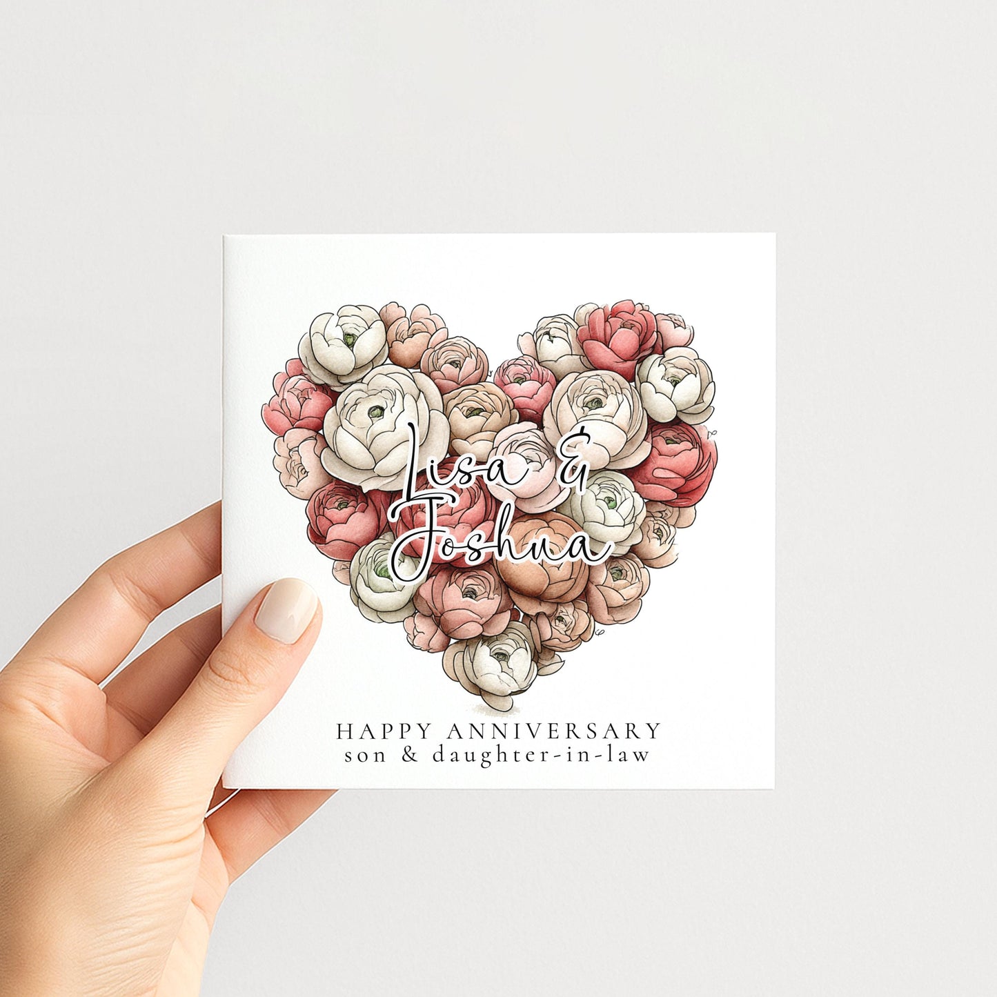 A romantic floral heart anniversary card for son & daughter-in-law, personalised, printed on 300gsm card