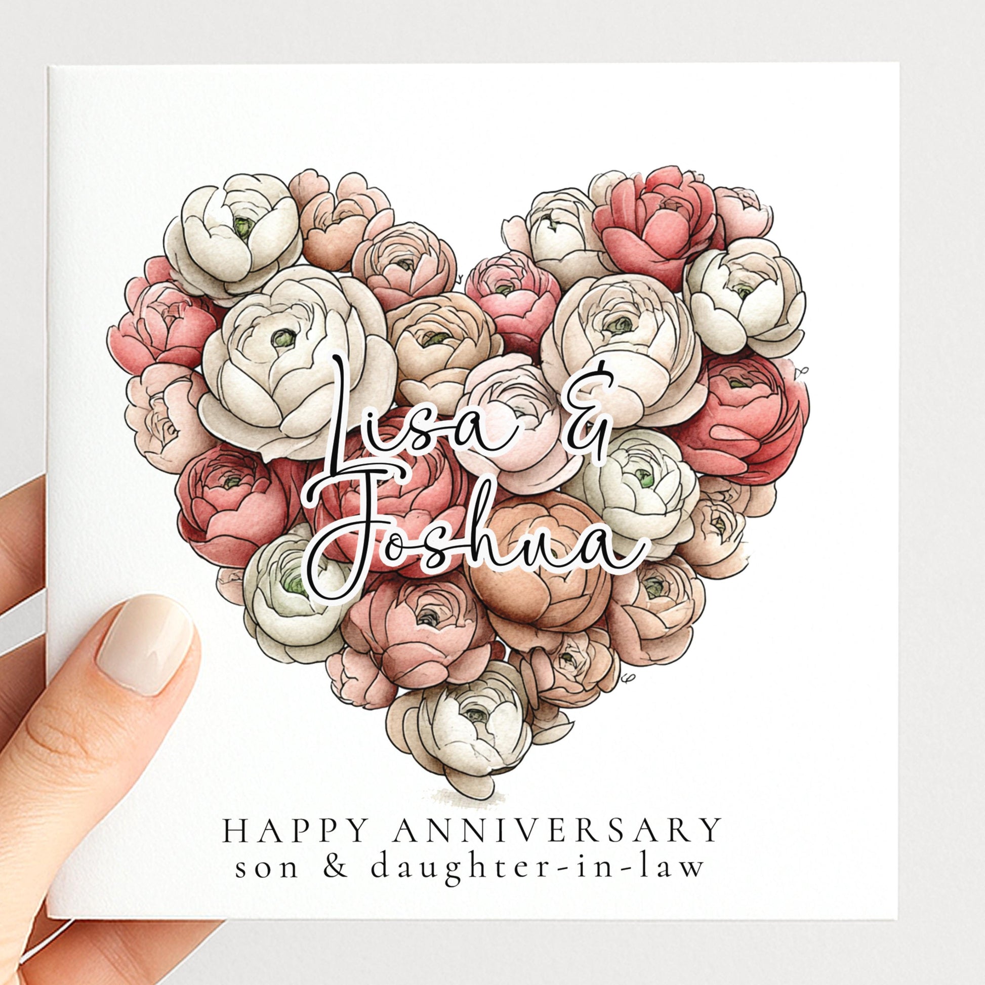 A romantic floral heart anniversary card for son & daughter-in-law, personalised, printed on 300gsm card
