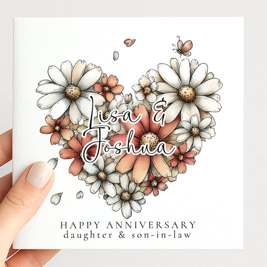 Anniversary Card for Daughter and Son in Law, Personalised Floral Heart Anniversary Card, Wedding Anniversary Gift