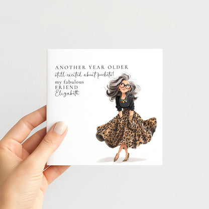 Funny Birthday Card for Friend, Still Excited About Pockets Card, Stylish Leopard Print Birthday Card, Modern Woman Birthday