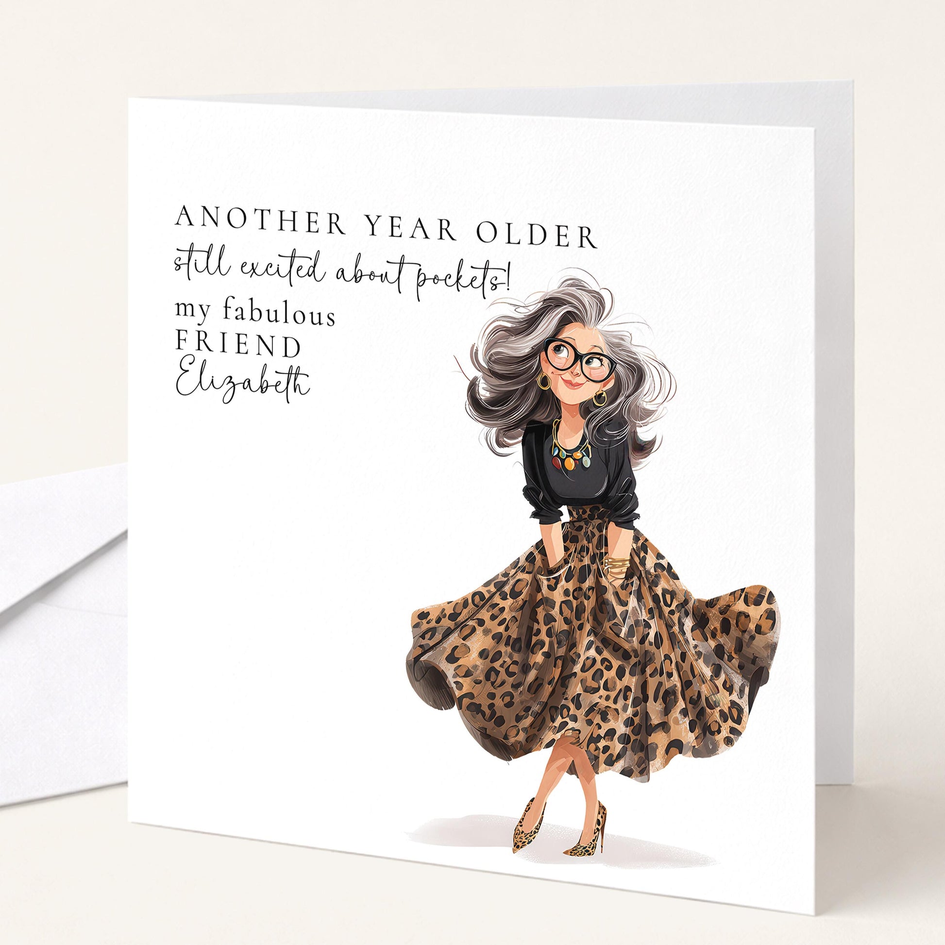 Funny Birthday Card for Friend, Still Excited About Pockets Card, Stylish Leopard Print Birthday Card, Modern Woman Birthday