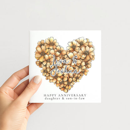 A delicate floral heart anniversary card for daughter & son-in-law, personalised, printed on 300gsm card