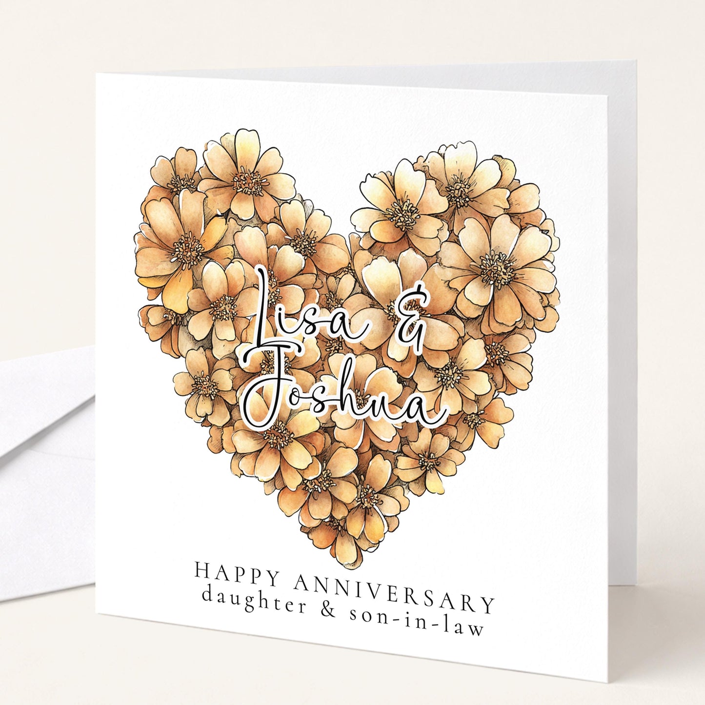 A delicate floral heart anniversary card for daughter & son-in-law, personalised, printed on 300gsm card
