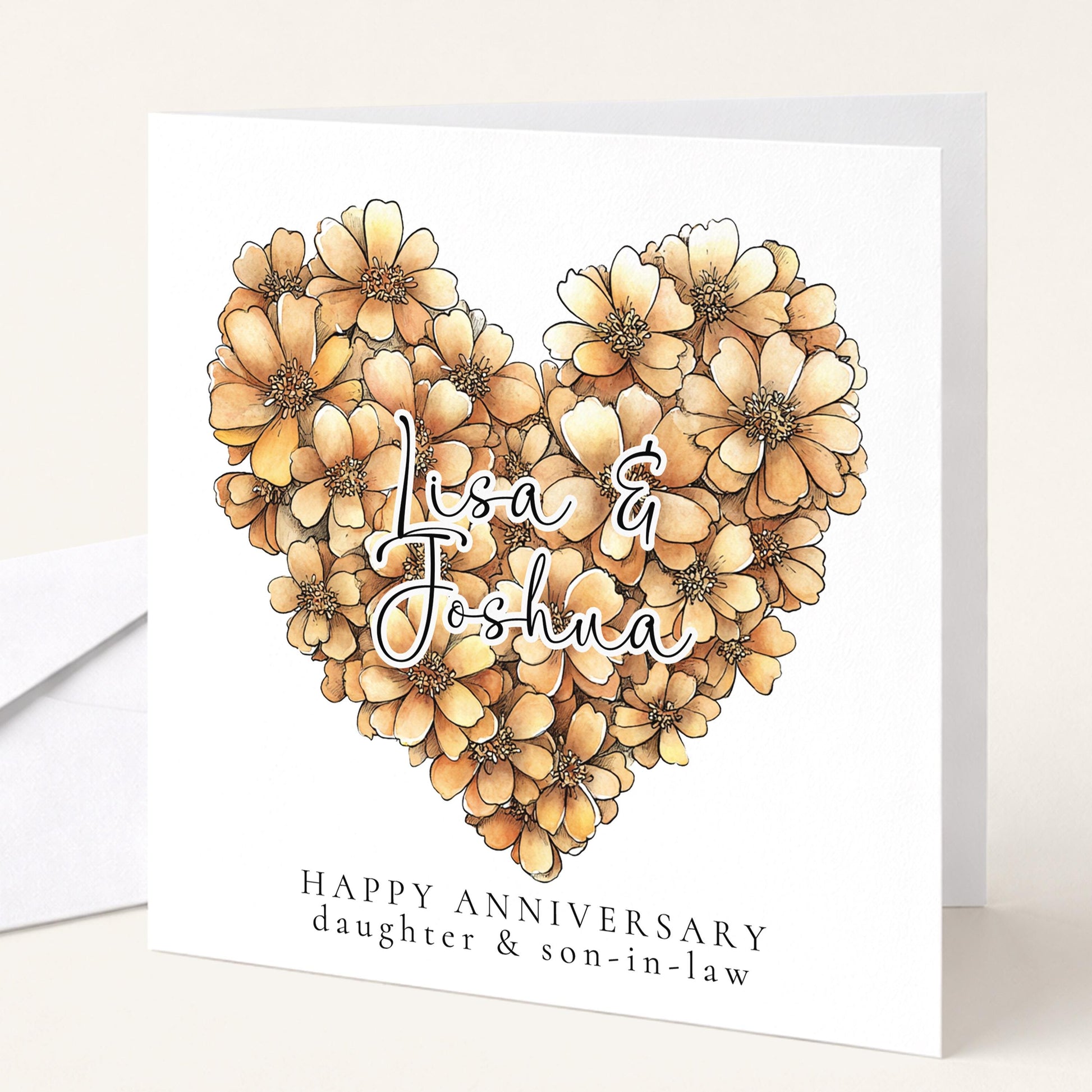 A delicate floral heart anniversary card for daughter & son-in-law, personalised, printed on 300gsm card