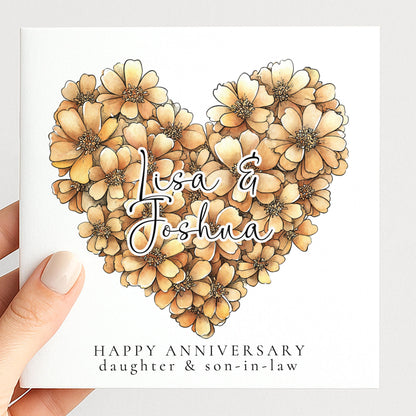 A delicate floral heart anniversary card for daughter & son-in-law, personalised, printed on 300gsm card