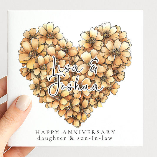 A delicate floral heart anniversary card for daughter & son-in-law, personalised, printed on 300gsm card