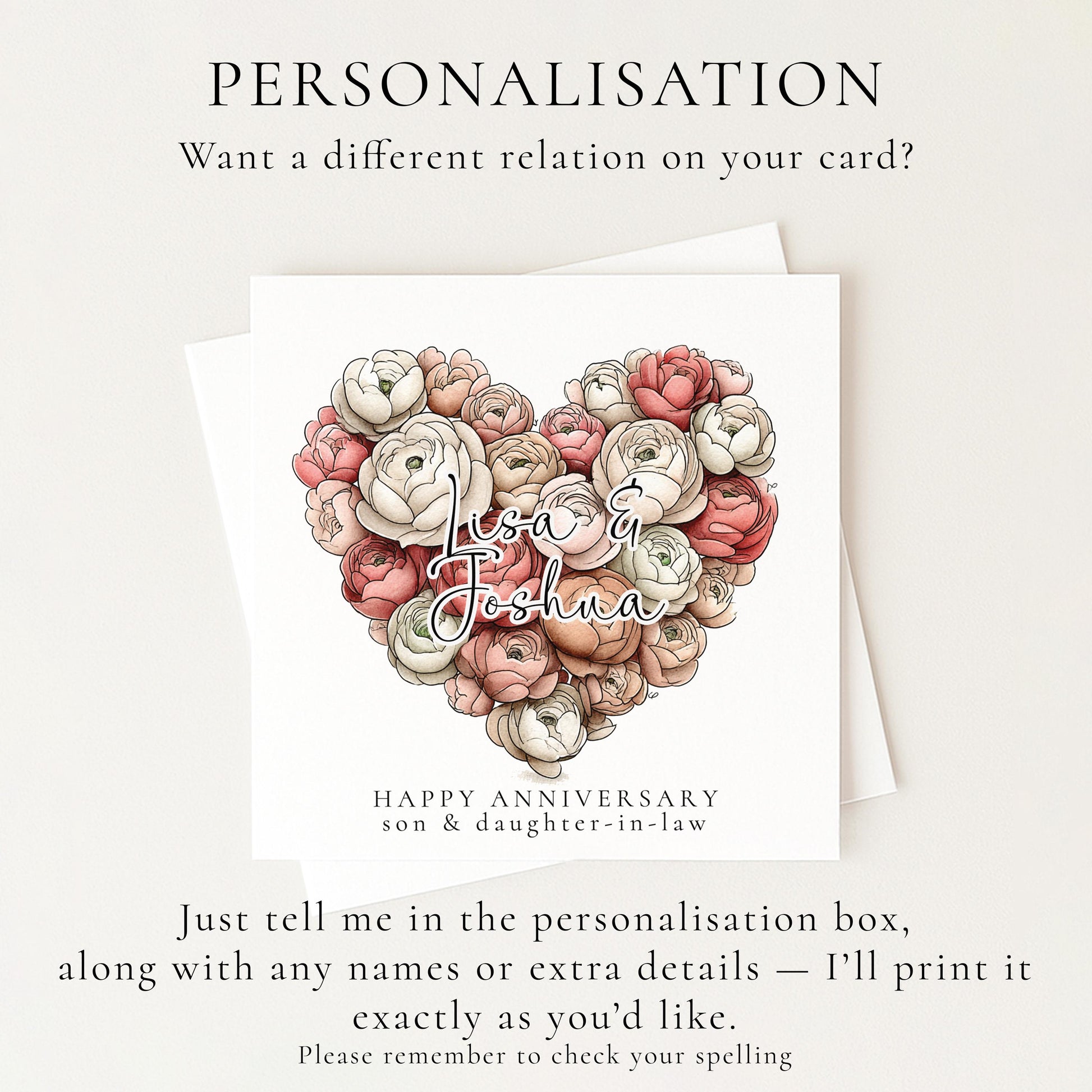 A romantic floral heart anniversary card for son & daughter-in-law, personalised, printed on 300gsm card
