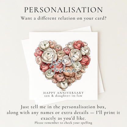 A romantic floral heart anniversary card for son & daughter-in-law, personalised, printed on 300gsm card
