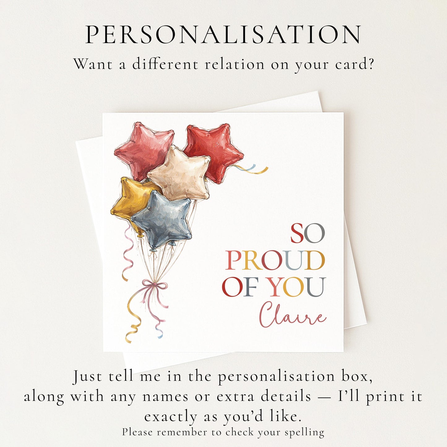 Personalised Proud Card – Colourful Balloon Congratulations Card With Custom Name