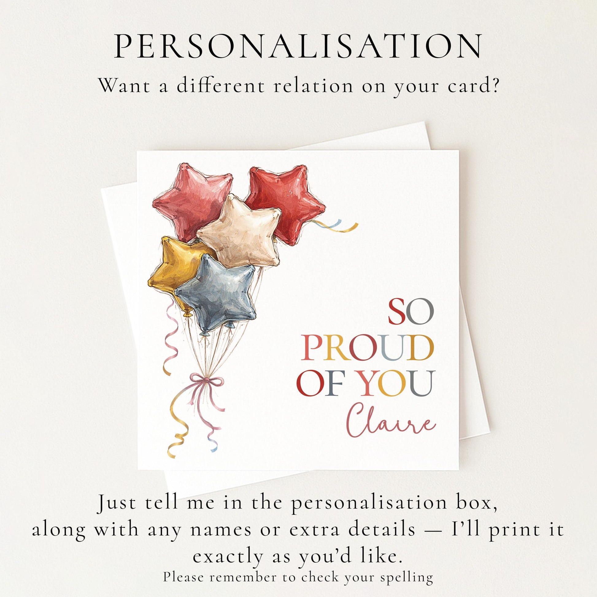 Personalised Proud Card – Colourful Balloon Congratulations Card With Custom Name