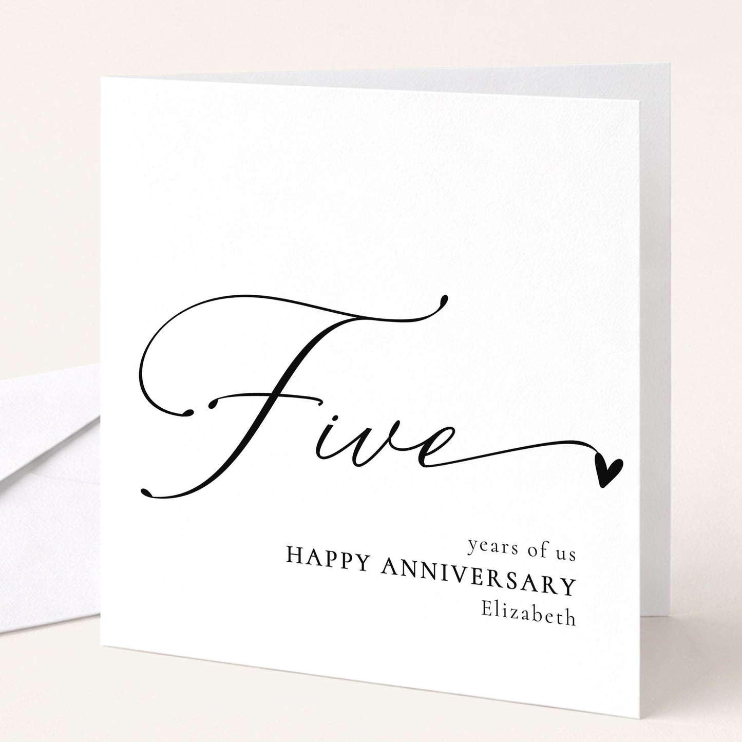 Five Year Anniversary Card – Personalised Romantic Greeting Card With Script Font Design