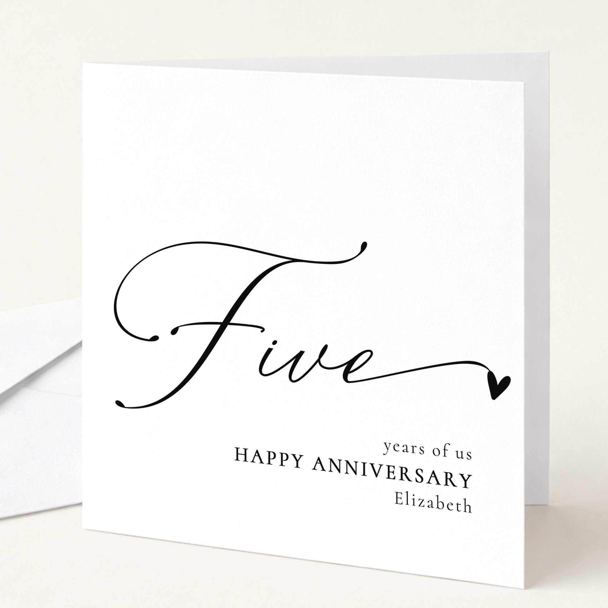 Five Year Anniversary Card – Personalised Romantic Greeting Card With Script Font Design