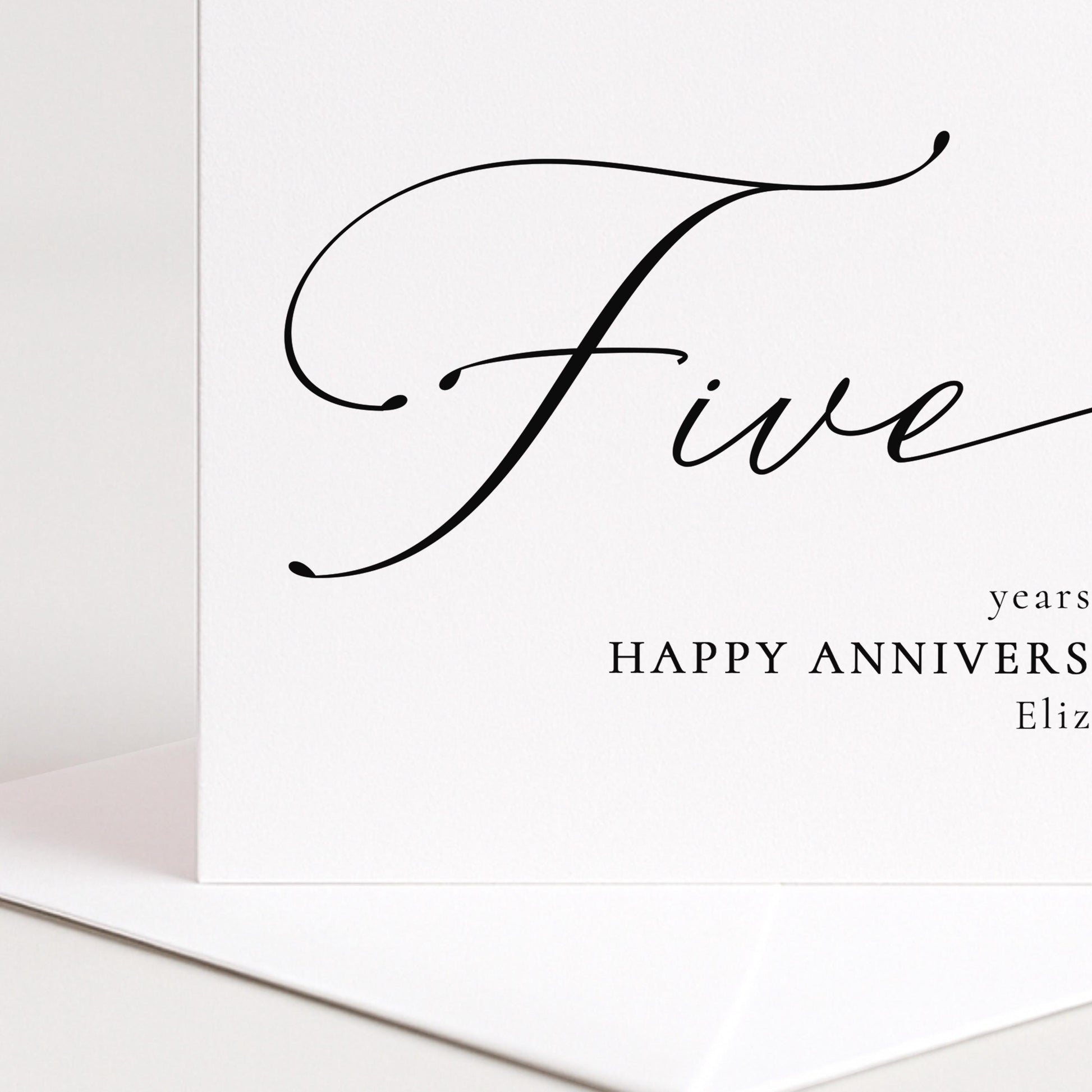 Five Year Anniversary Card – Personalised Romantic Greeting Card With Script Font Design