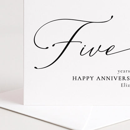 Five Year Anniversary Card – Personalised Romantic Greeting Card With Script Font Design
