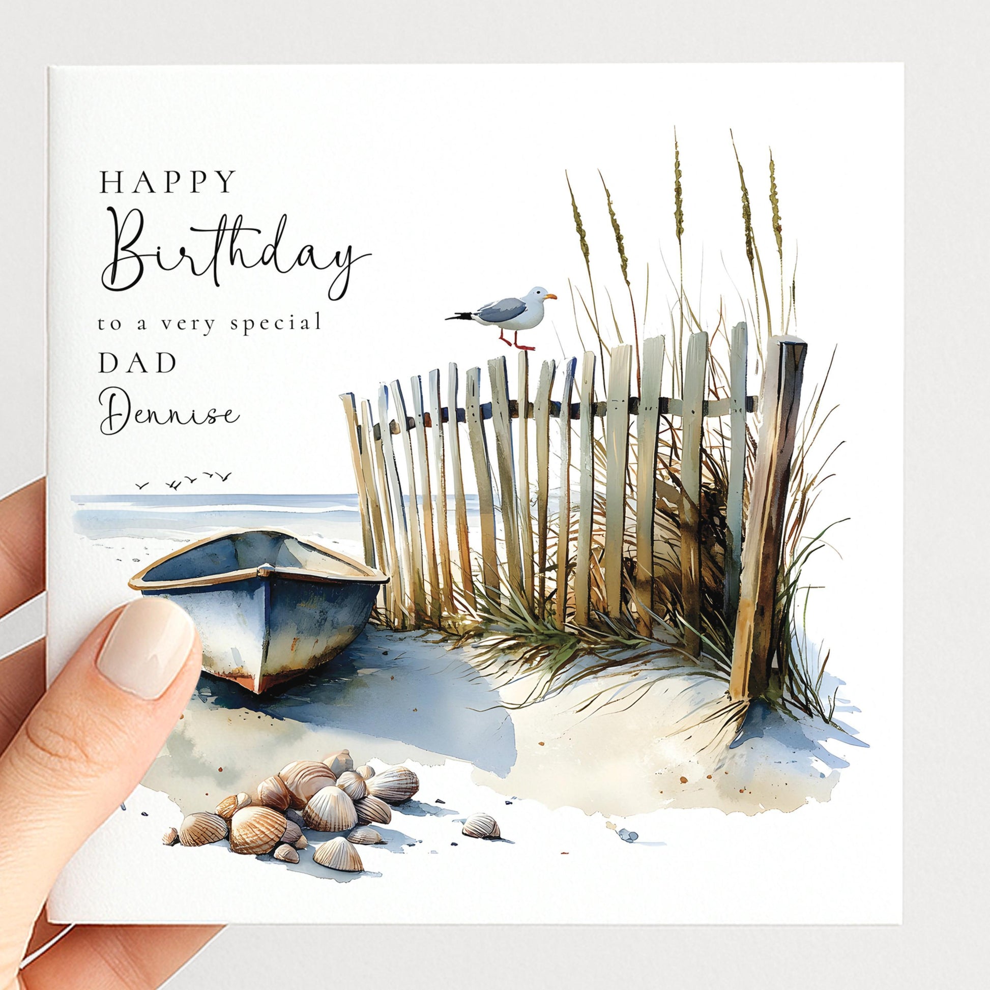 Dad Birthday Card - Personalised Beach Scene Card With Name | Coastal Watercolour Design