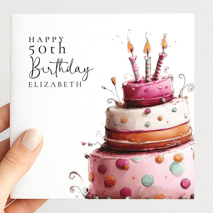 Personalised Birthday Card - Pink Birthday Cake Design | Custom Age & Name