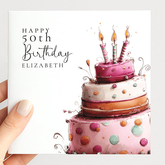 Personalised Birthday Card - Pink Birthday Cake Design | Custom Age & Name