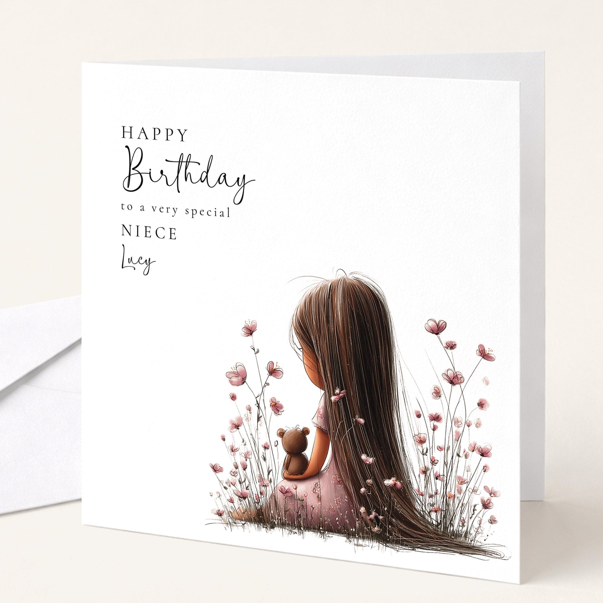 Birthday Card For Niece - Personalised Floral Design With Dark Hair Girl Illustration