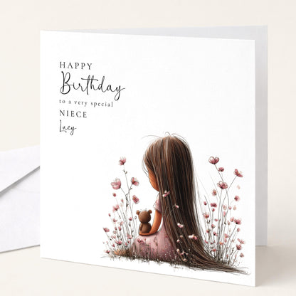 Birthday Card For Niece - Personalised Floral Design With Dark Hair Girl Illustration