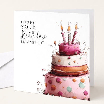 Personalised Birthday Card - Pink Birthday Cake Design | Custom Age & Name