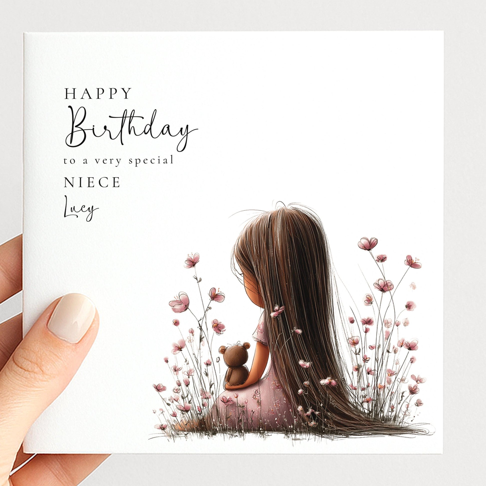 Birthday Card For Niece - Personalised Floral Design With Dark Hair Girl Illustration