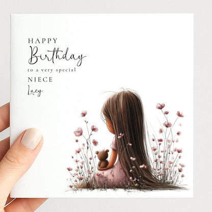 Birthday Card For Niece - Personalised Floral Design With Dark Hair Girl Illustration