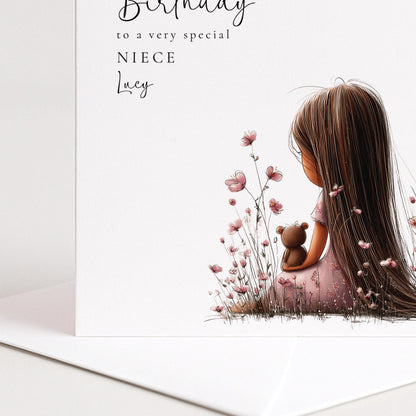 Birthday Card For Niece - Personalised Floral Design With Dark Hair Girl Illustration