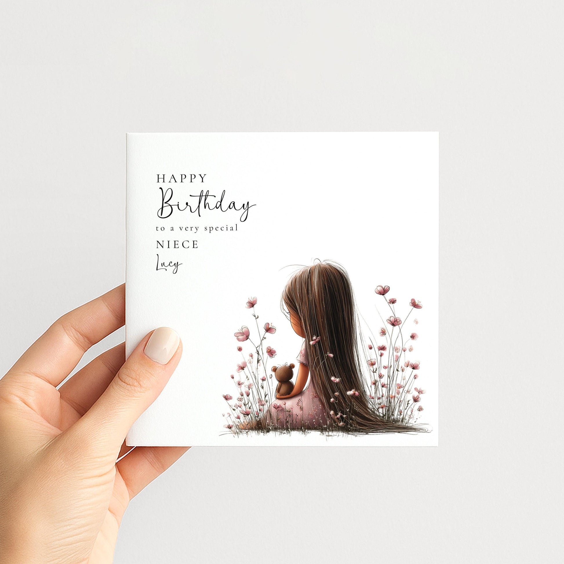 Birthday Card For Niece - Personalised Floral Design With Dark Hair Girl Illustration