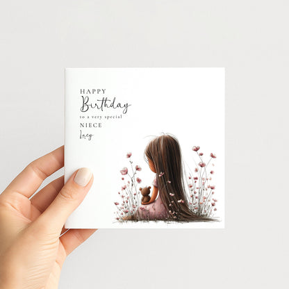 Birthday Card For Niece - Personalised Floral Design With Dark Hair Girl Illustration