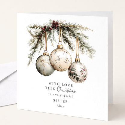 Personalised Christmas Card – Elegant Baubles, Custom Name & Printed Message Inside