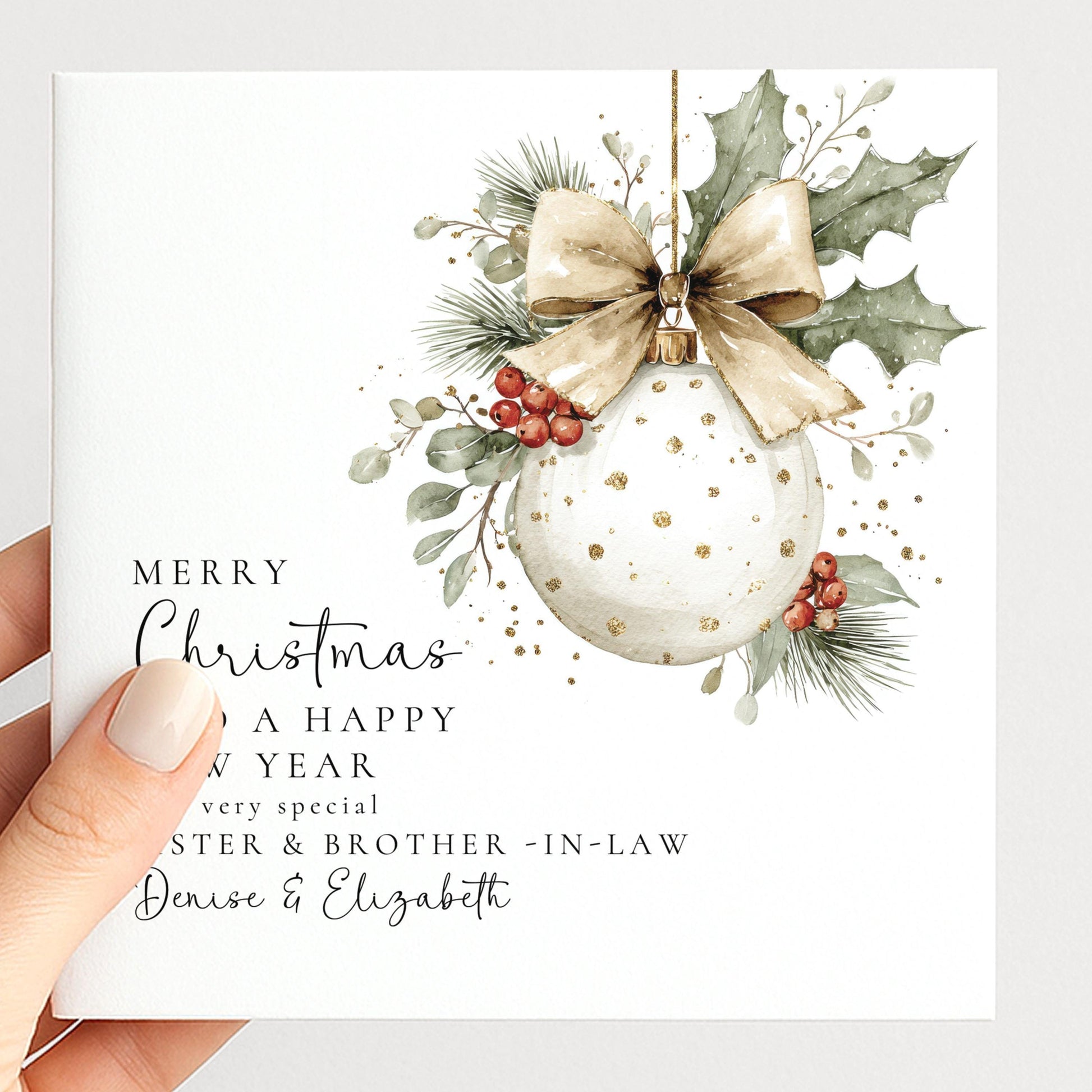 Personalised Christmas Card for Sister and Brother-in-law Christmas Baubel Card