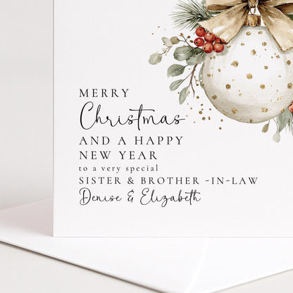 Personalised Christmas Card for Sister and Brother-in-law Christmas Baubel Card