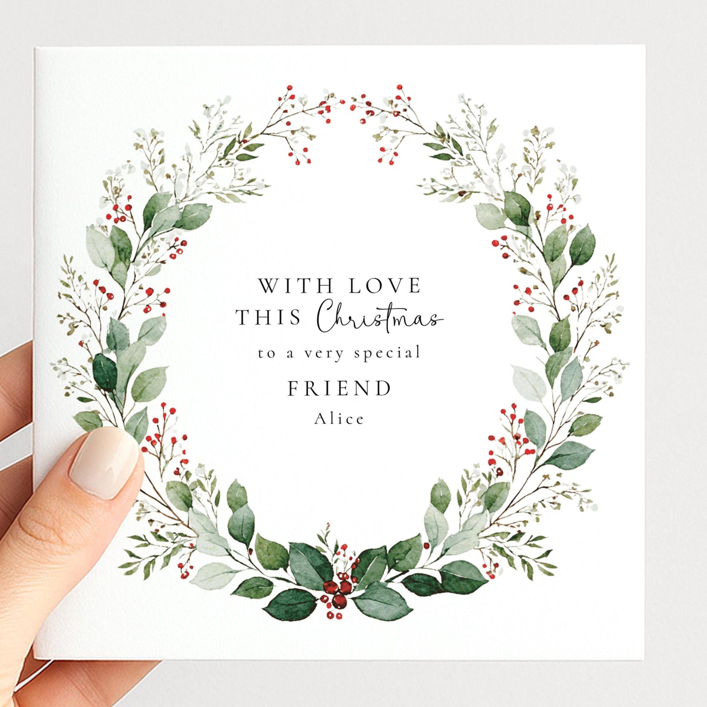 Personalised Christmas Card – Custom Name Holiday Greeting With Elegant Wreath Design