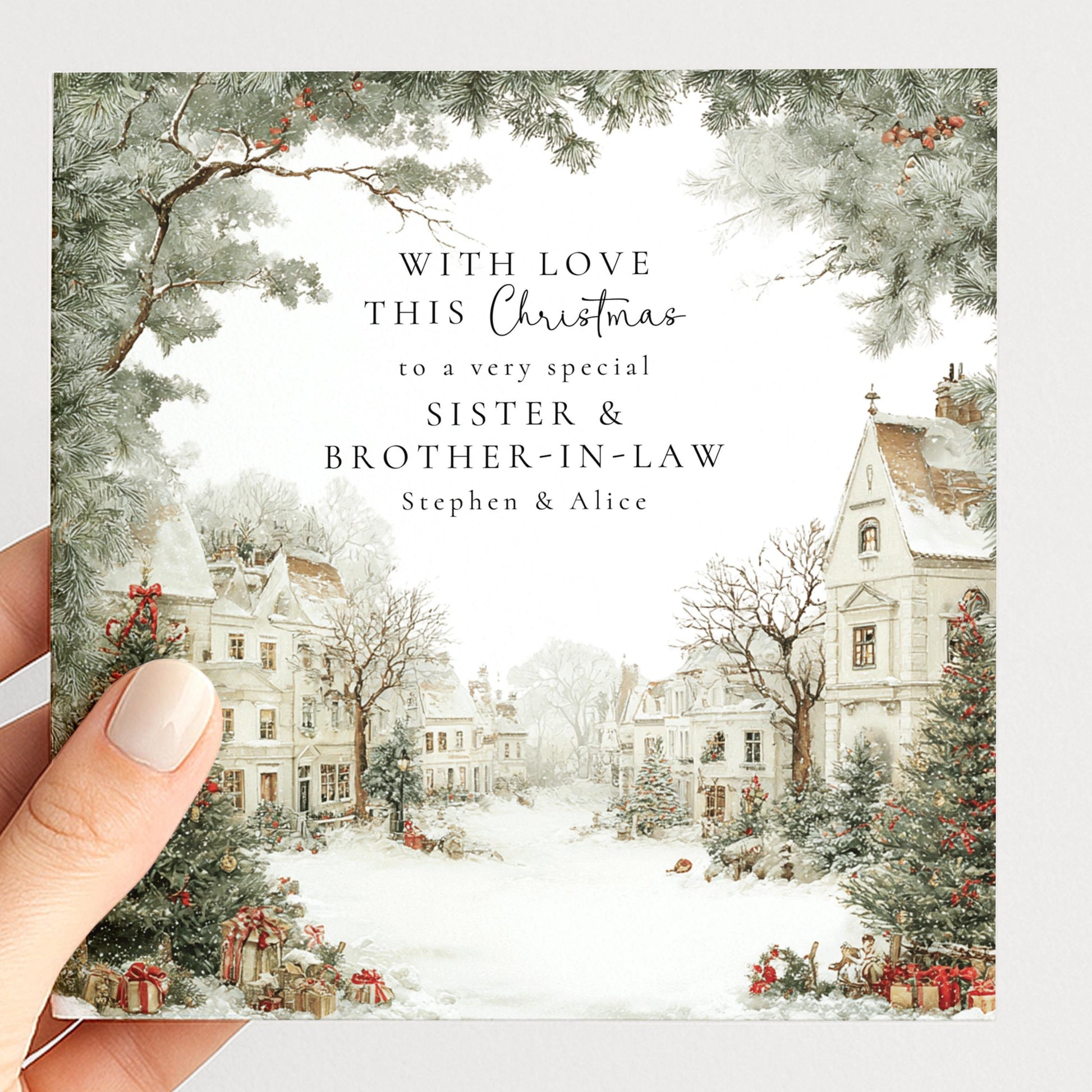 A charming snowy village Christmas card, personalised, printed on 300gsm card
