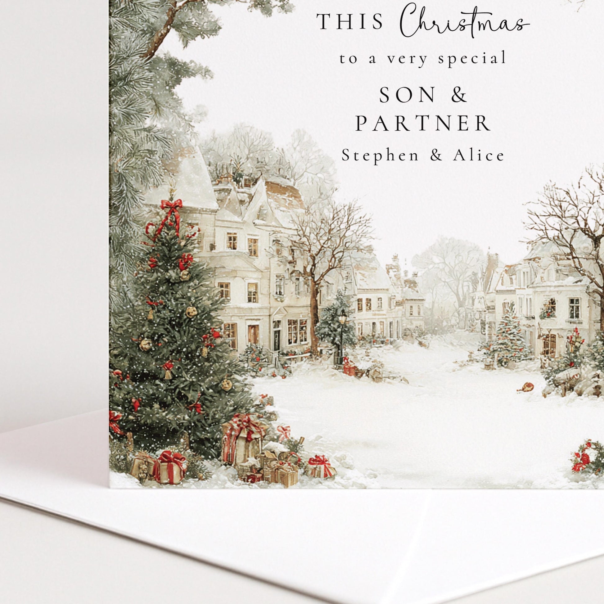 A festive personalised Christmas card for your son and his partner, printed on 300gsm card