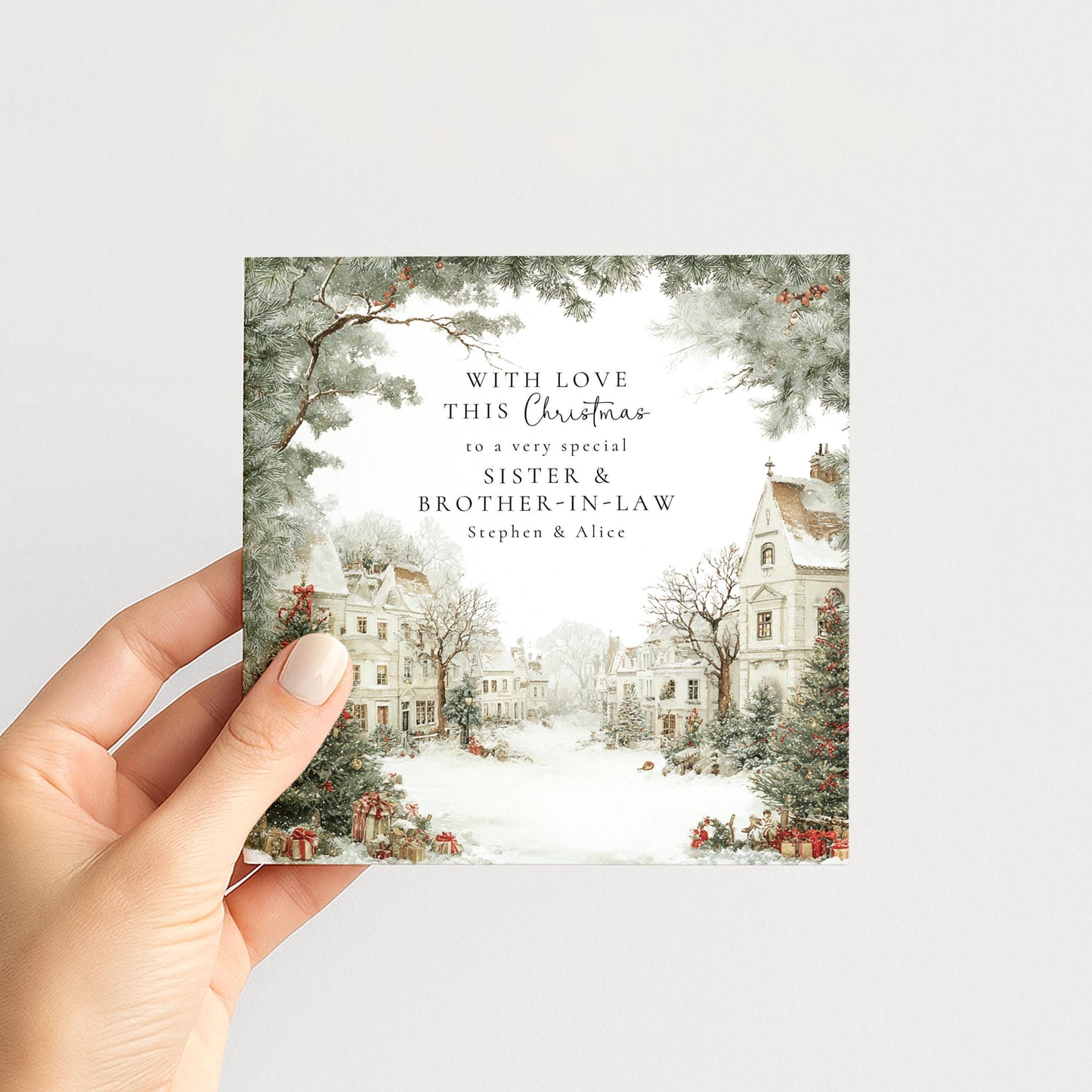 A charming snowy village Christmas card, personalised, printed on 300gsm card