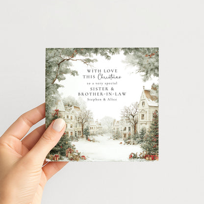 A charming snowy village Christmas card, personalised, printed on 300gsm card