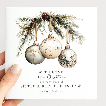 An elegant hanging bauble Christmas card for sister & brother-in-law, personalised, printed on 300gsm card