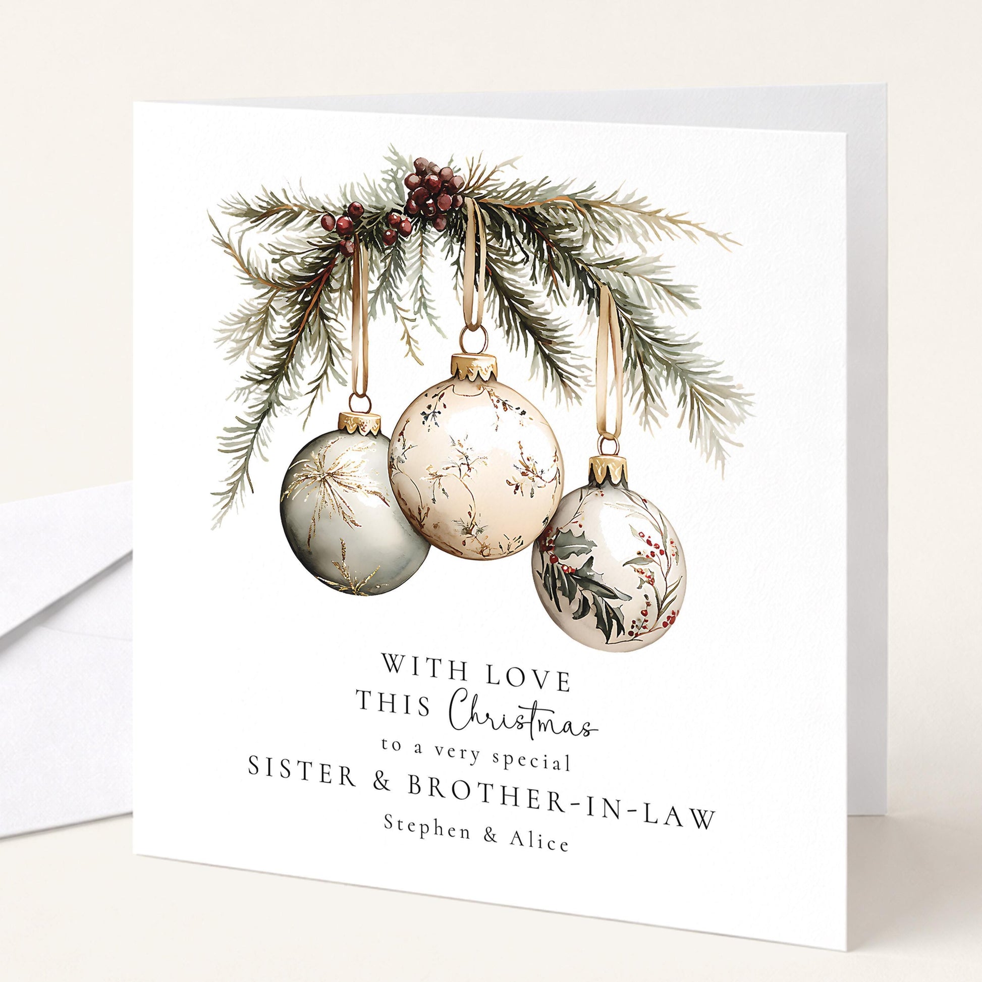 An elegant hanging bauble Christmas card for sister & brother-in-law, personalised, printed on 300gsm card