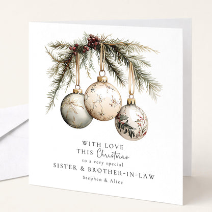 An elegant hanging bauble Christmas card for sister & brother-in-law, personalised, printed on 300gsm card