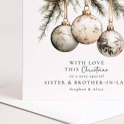 An elegant hanging bauble Christmas card for sister & brother-in-law, personalised, printed on 300gsm card