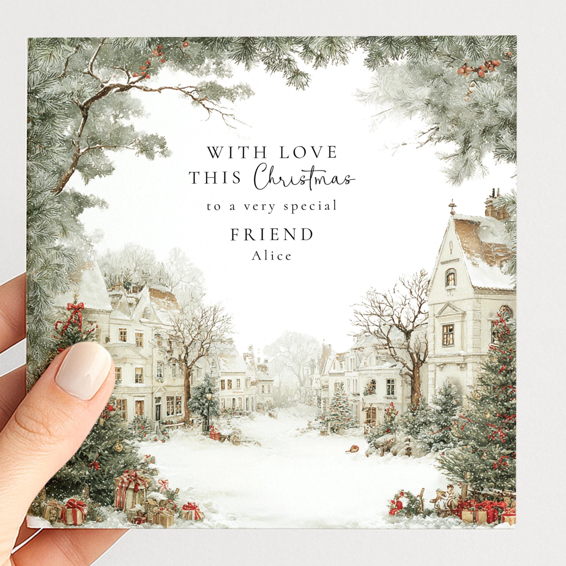 A charming snowy village Christmas card for a friend, personalised, printed on 300gsm card
