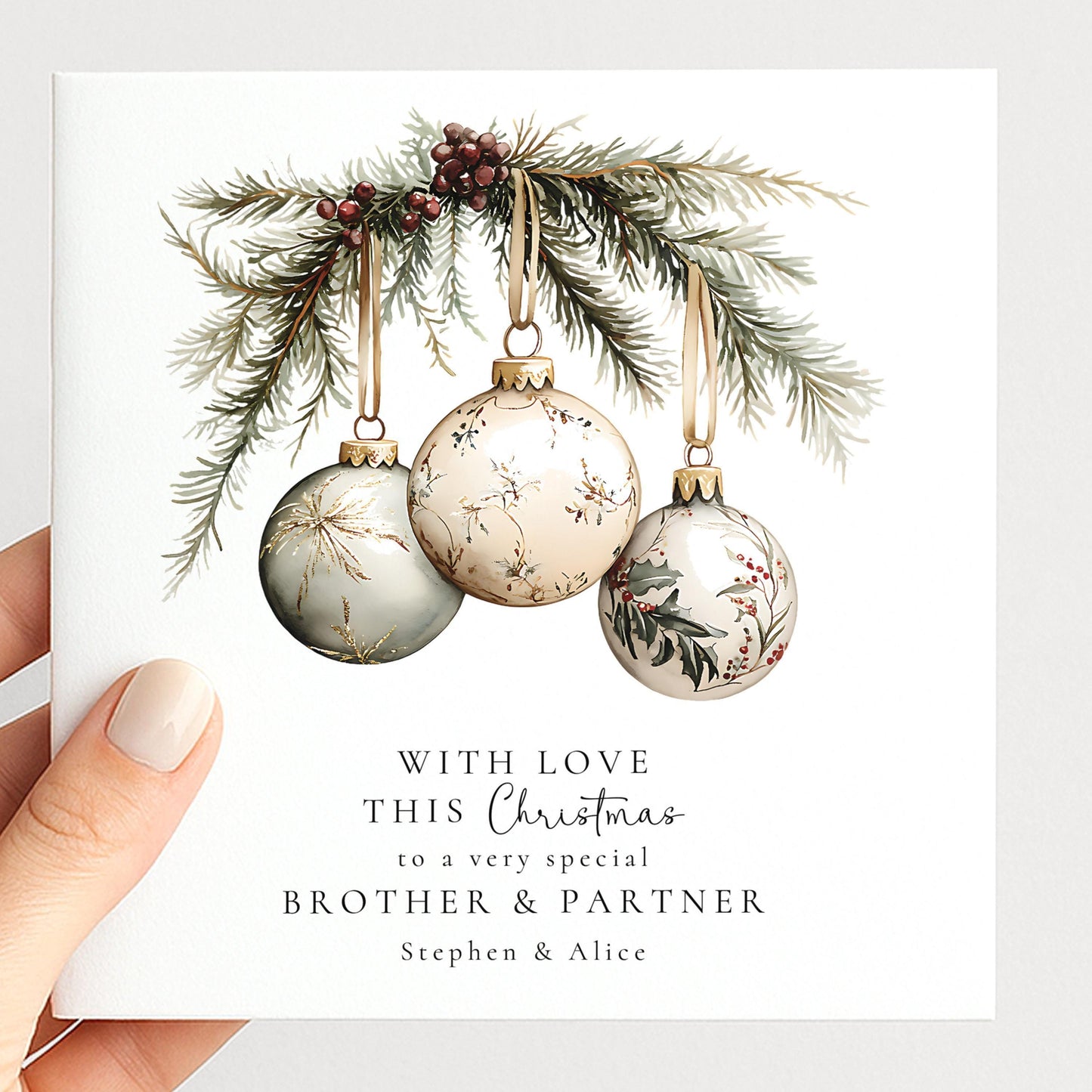 An elegant hanging bauble Christmas card, personalised with names, printed on 300gsm card