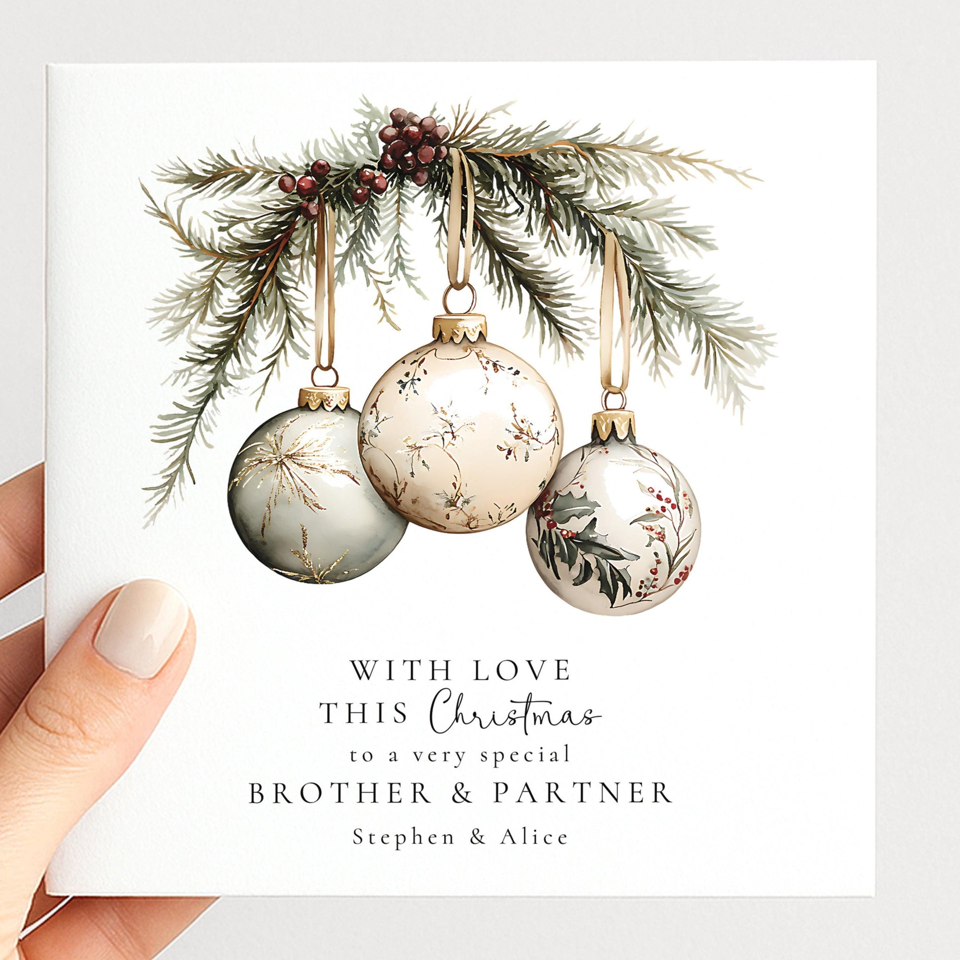 An elegant hanging bauble Christmas card, personalised with names, printed on 300gsm card