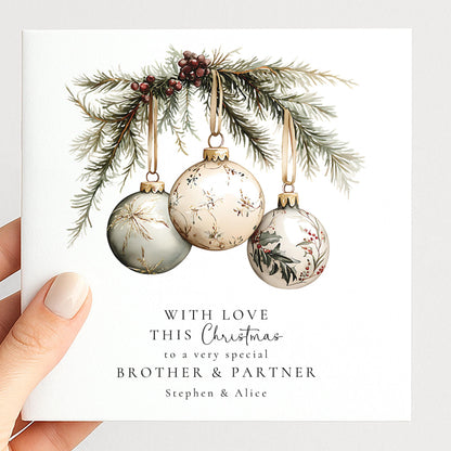 An elegant hanging bauble Christmas card, personalised with names, printed on 300gsm card