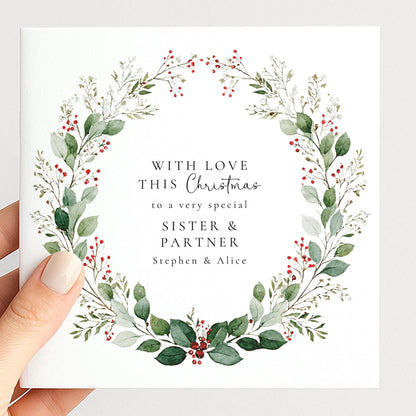 An elegant festive wreath Christmas card, personalised with names, printed on 300gsm card