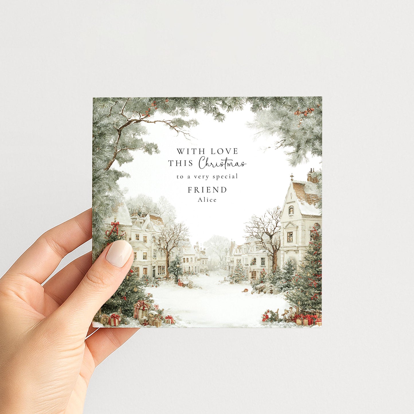 A charming snowy village Christmas card for a friend, personalised, printed on 300gsm card
